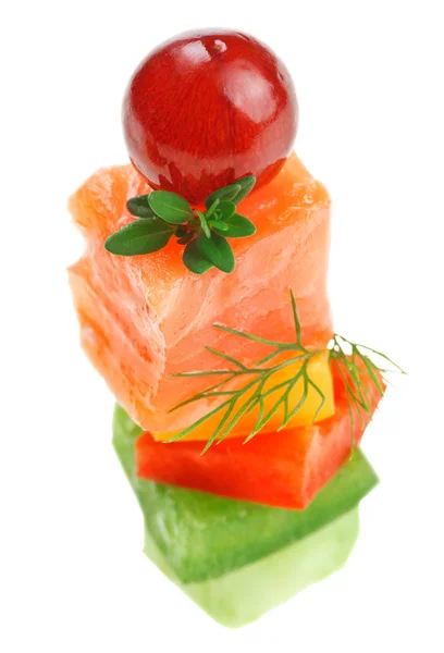 Elegant canape with salmon fish, dill twig and grape — Stock Photo, Image