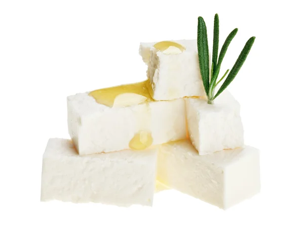 Feta cheese cubes with rosemary twig and oil drops — Stock Photo, Image
