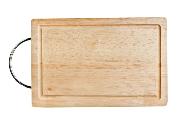 Placa de corte de madeira marrom com alça de metal — Fotografia de Stock