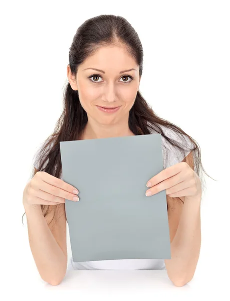 Young beautiful girl holding blank gray card