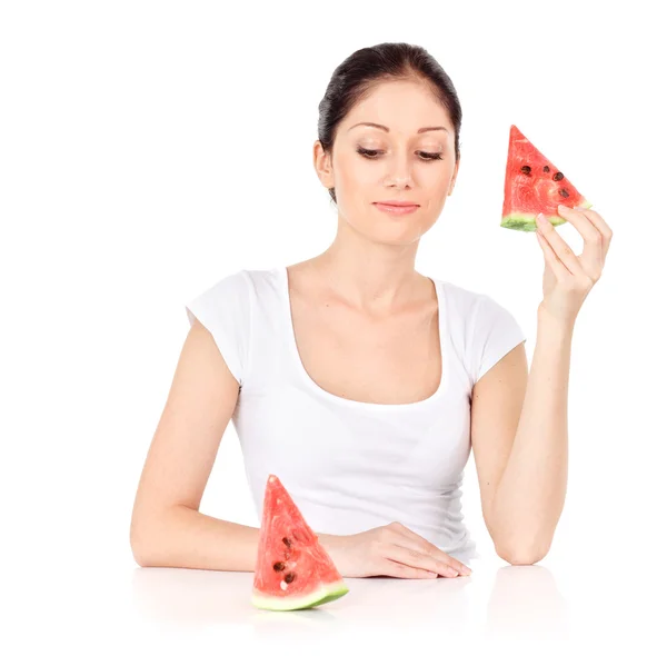 Ung attraktiv kvinna med vattenmelon — Stockfoto