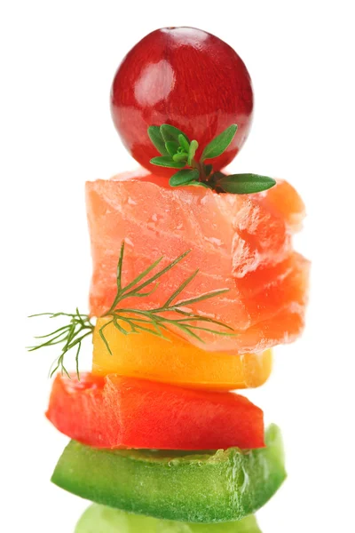 Elegant canape with salmon fish, dill twig and grape — Stock Photo, Image