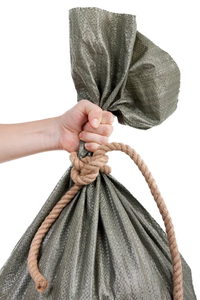 Hand holding sack bag — Stock Photo, Image