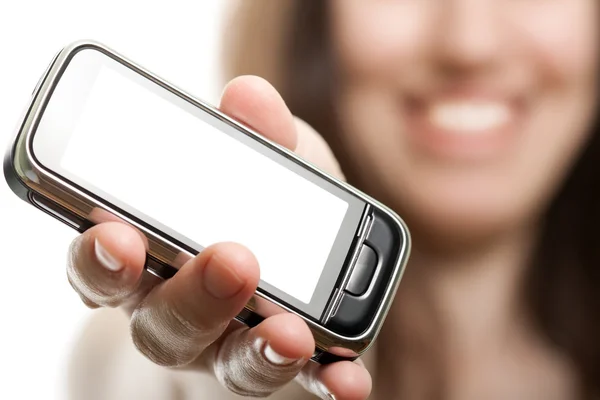 Mobile phone in women hand — Stock Photo, Image