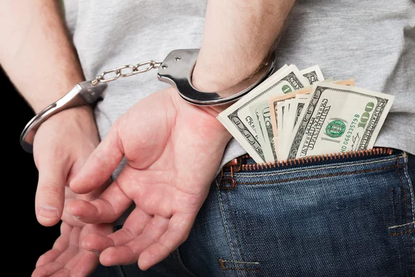 Handschellen Fesseln Dollar Währungsverbrechen Menschliche Hand — Stockfoto