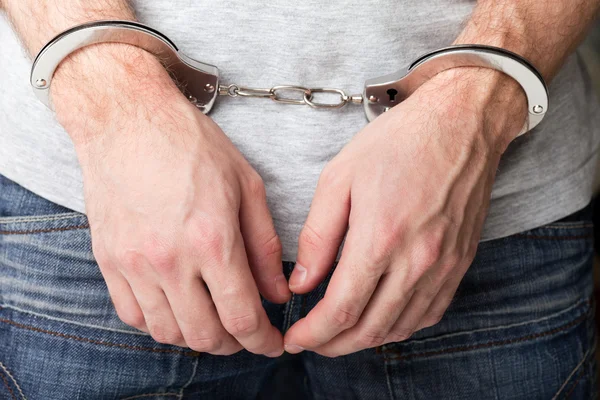 Politiewet Stalen Handboeien Arresteren Misdaad Menselijke Hand — Stockfoto