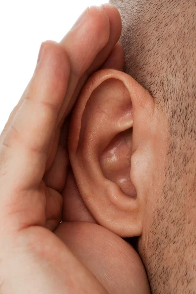 Adult Human Person Hand Listening Deaf Ear Gossip — Stock Photo, Image