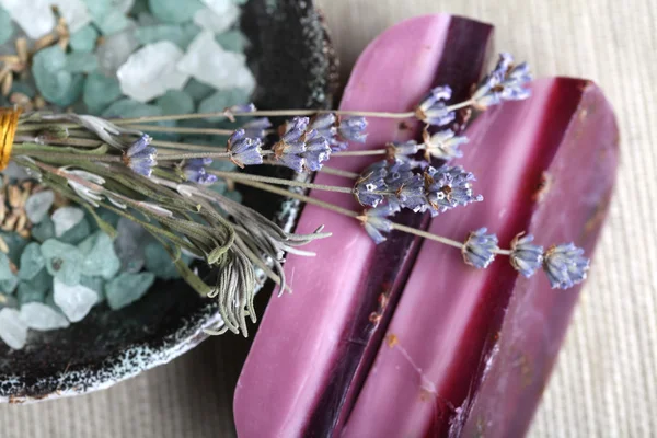Handmade lavender and camomile soap bars bath salt and dryed lav — Stock Photo, Image