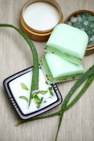 Aloe vera leaves, handmade soap and bath salt — Stock Photo, Image