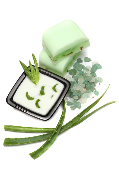 Aloe Vera Blätter, handgemachte Seife und Badesalz isoliert auf weiß — Stockfoto