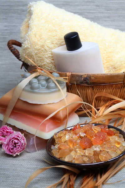 Spa composition: handmade soap, bath salt, moisturizer, towel, o — Stock Photo, Image