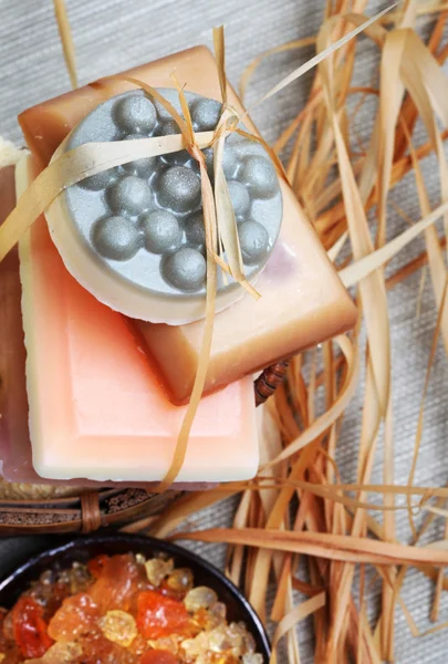 Handmade soap bars in the basket. Spa still life — Stock Photo, Image