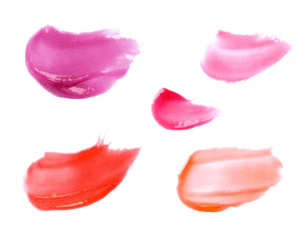 Vlekkerig Lipgloss Lippenstift Monsters Geïsoleerd Wit — Stockfoto