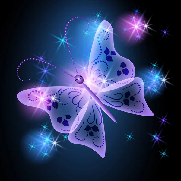 Fondo brillante con mariposa transparente y estrellas — Vector de stock