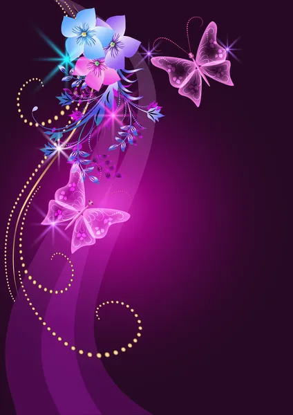 Сяючий фон з квітами, метеликом і зірками — стоковий вектор