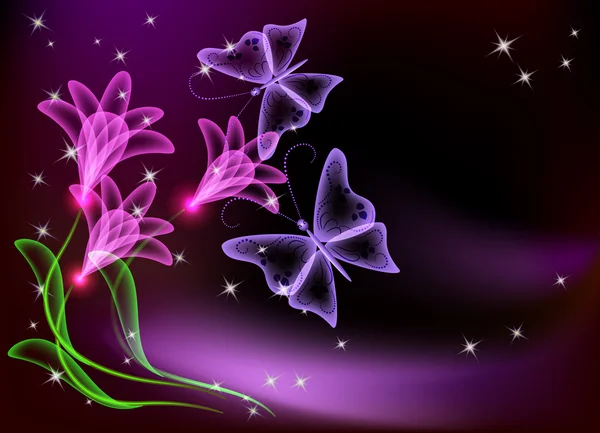会发光的透明鲜花 星星和蝴蝶 — 图库矢量图片