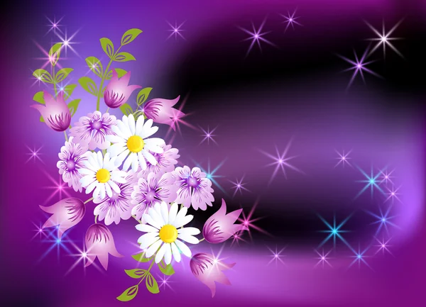 Λαμπερό Φόντο Λουλούδια Και Αστέρια — Διανυσματικό Αρχείο