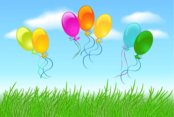 Wiese Gras Himmel Wolken Und Luftballons — Stockvektor