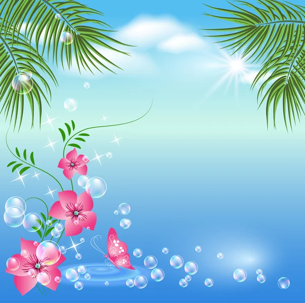Palm ağaçlar ve çiçeklerle deniz manzara — Stok Vektör