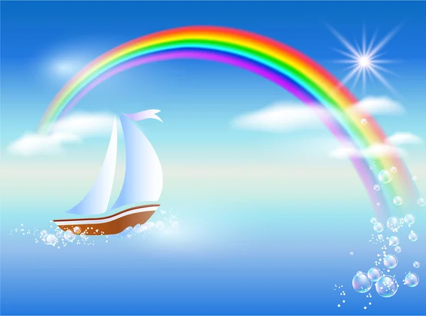 Segelboot und Regenbogen — Stockvektor