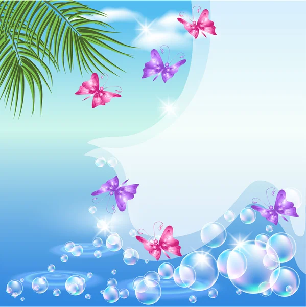 Paysage marin avec des branches de papillon et de palmier — Image vectorielle
