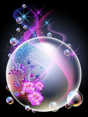 Glowing background with flowers and bubbles clipart