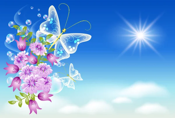 空、花および蝶. — ストックベクタ