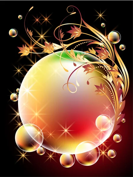 Arrière-plan avec sphère, fleurs dorées, étoiles et bulles — Image vectorielle