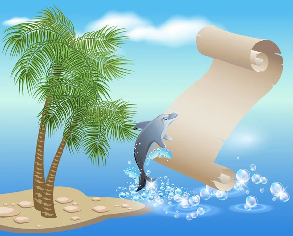 Palm, dolfijnen en perkament — Stockvector