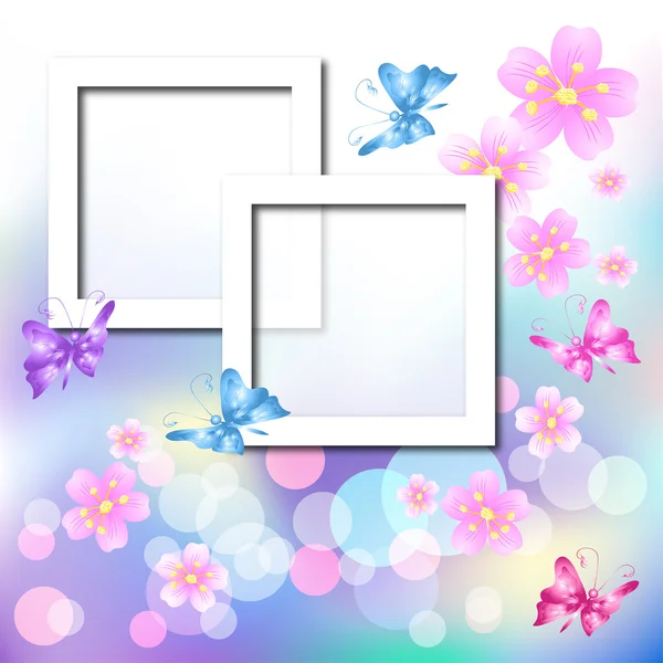 Cadres photo design avec fleurs et papillon — Image vectorielle