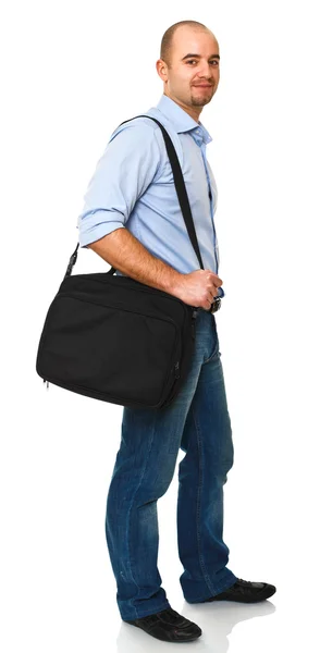Щасливий чоловік з сумкою для ноутбуків — стокове фото