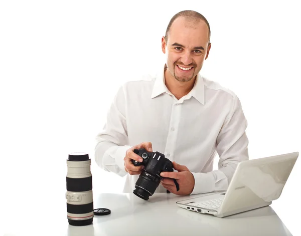 Izolované šťastný člověk a fotoaparát — Stock fotografie