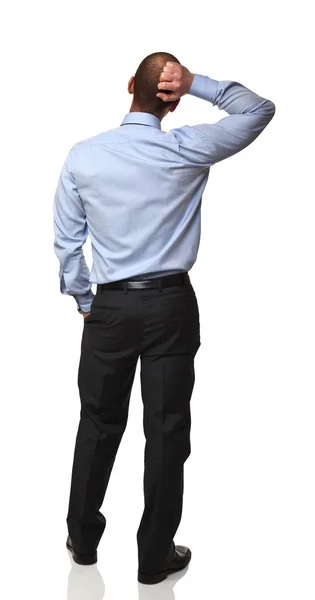 Standing Businessman Isolated White Thinking Pose Rear View — Stock Photo, Image