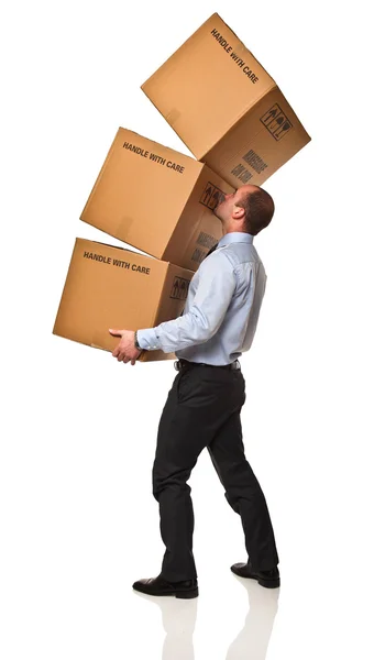 若いビジネスマンが白彼ボックス Isolaed を運ぶために問題 — ストック写真