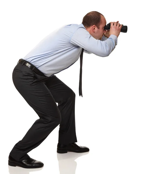Homem Negócios Ativo Com Binocular Isolado Branco — Fotografia de Stock