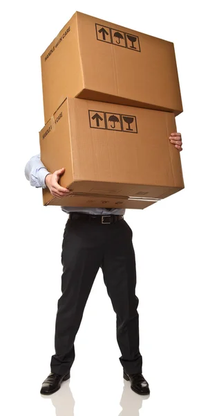 Mann Trägt Schachteln Isoliert Auf Weißem Hintergrund — Stockfoto