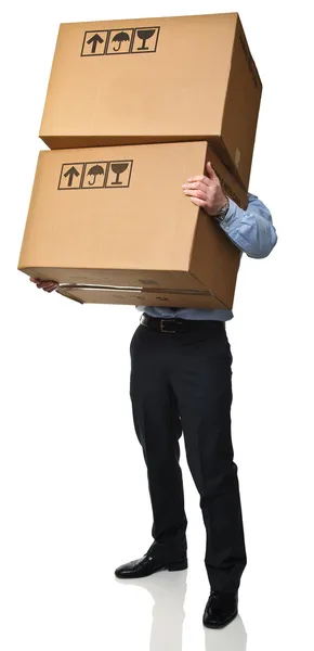 Mann Trägt Schachteln Isoliert Auf Weißem Hintergrund — Stockfoto