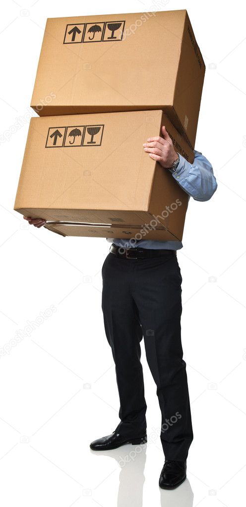 man carry boxes isolated on white background