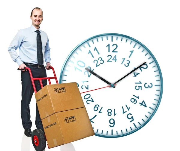 Hombre Con Handtruck Reloj Fondo — Foto de Stock