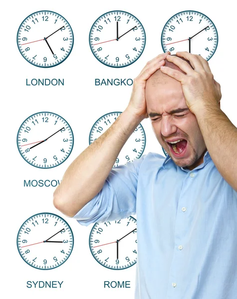 Hombre Estresado Reloj Clásico Aislado Sobre Fondo Blanco —  Fotos de Stock