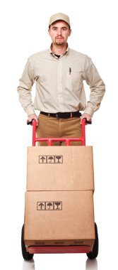 Delivery man with parcel isolated on white clipart