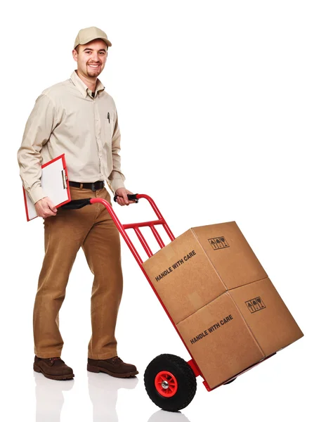 Sorridente Entrega Homem Com Vermelho Handtruck Isolado Branco — Fotografia de Stock