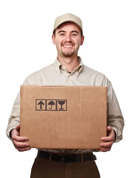 Smiling Delivery Man Holding Big Parcel Isolated White — Stock Photo, Image