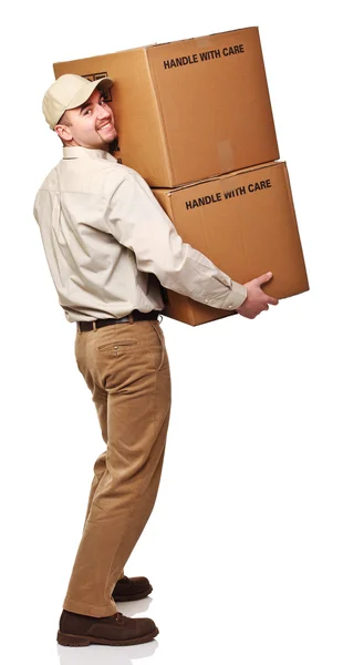 Delivery Man Parcel Rear View Isolated White — Stock Photo, Image