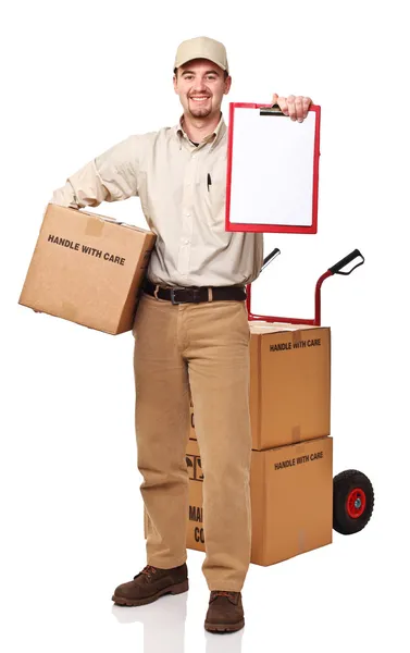 Sorridente Entrega Homem Com Vermelho Handtruck Isolado Branco — Fotografia de Stock