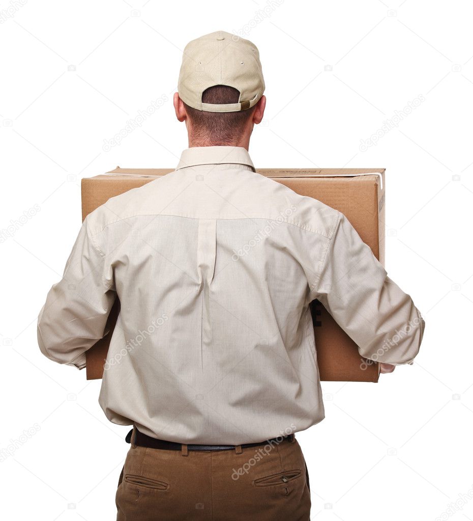 Delivery man with parcel rear view isolated on white