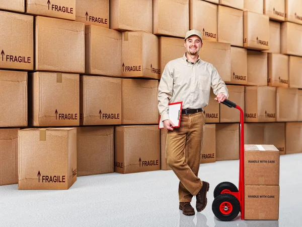 Delivery Man Work Boxes Background — Stock Photo, Image