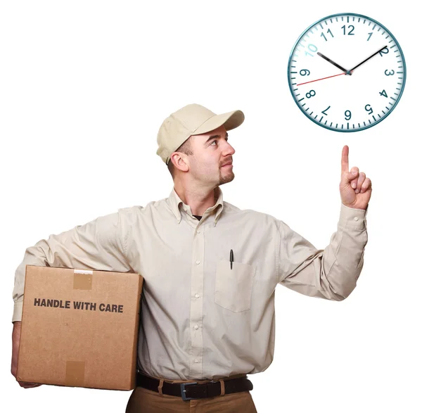 Homem Entrega Com Parcela Isolada Ponto Branco Relógio — Fotografia de Stock