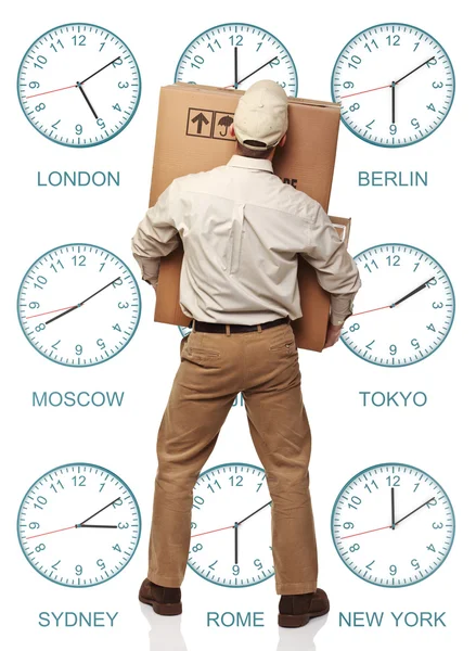 白い背景と配信男に分離された タイムゾーン時計 — ストック写真