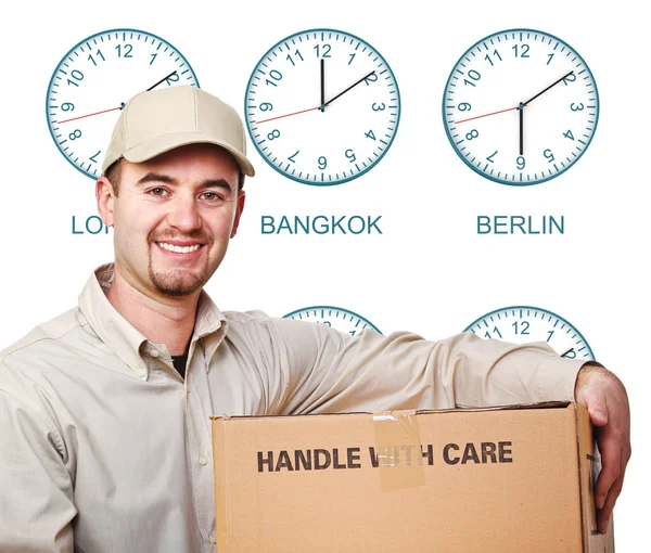 Nine Time Zone Clock Smiling Delivery Man — Stock Photo, Image